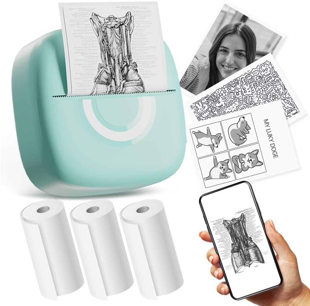 Mini Printer Sticker Thermal Printer with 3 Rolls Paper, Bluetooth Portable Phone Print Pods