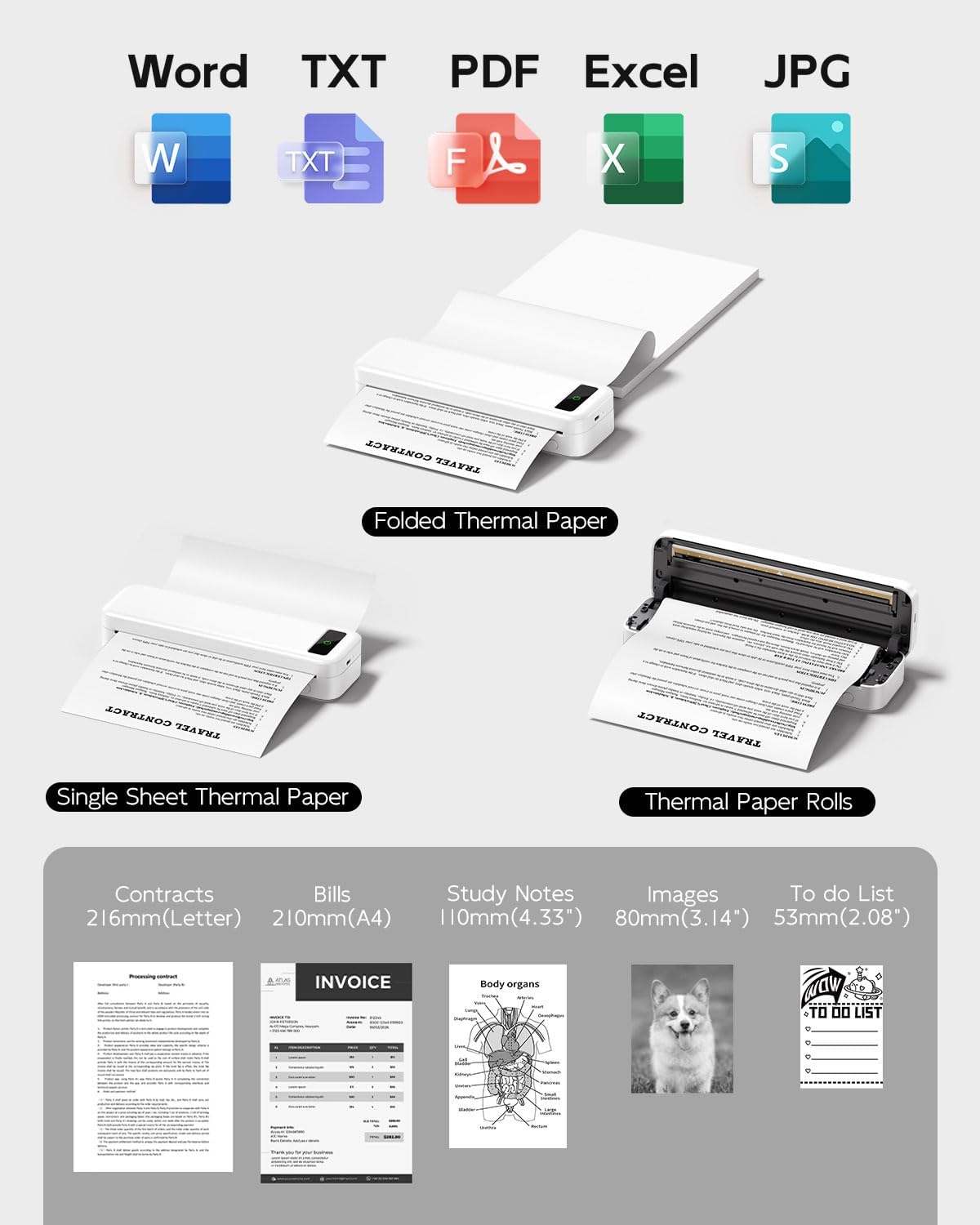 Inkless Portable Printer for Travel, Wireless Thermal Printer for Phone Laptop, Support 8.5" X 11"
