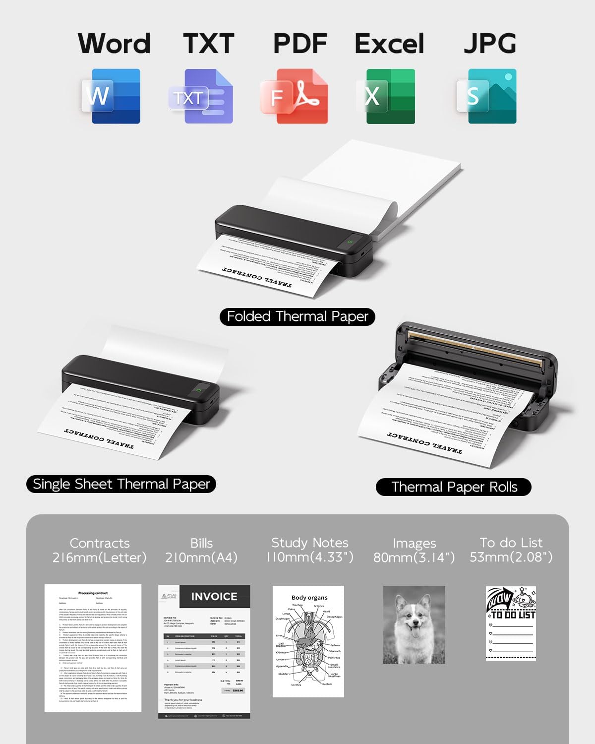 Portable Printers Wireless for Travel, Bluetooth Inkless Thermal Printer, Support 8.5" X 11"