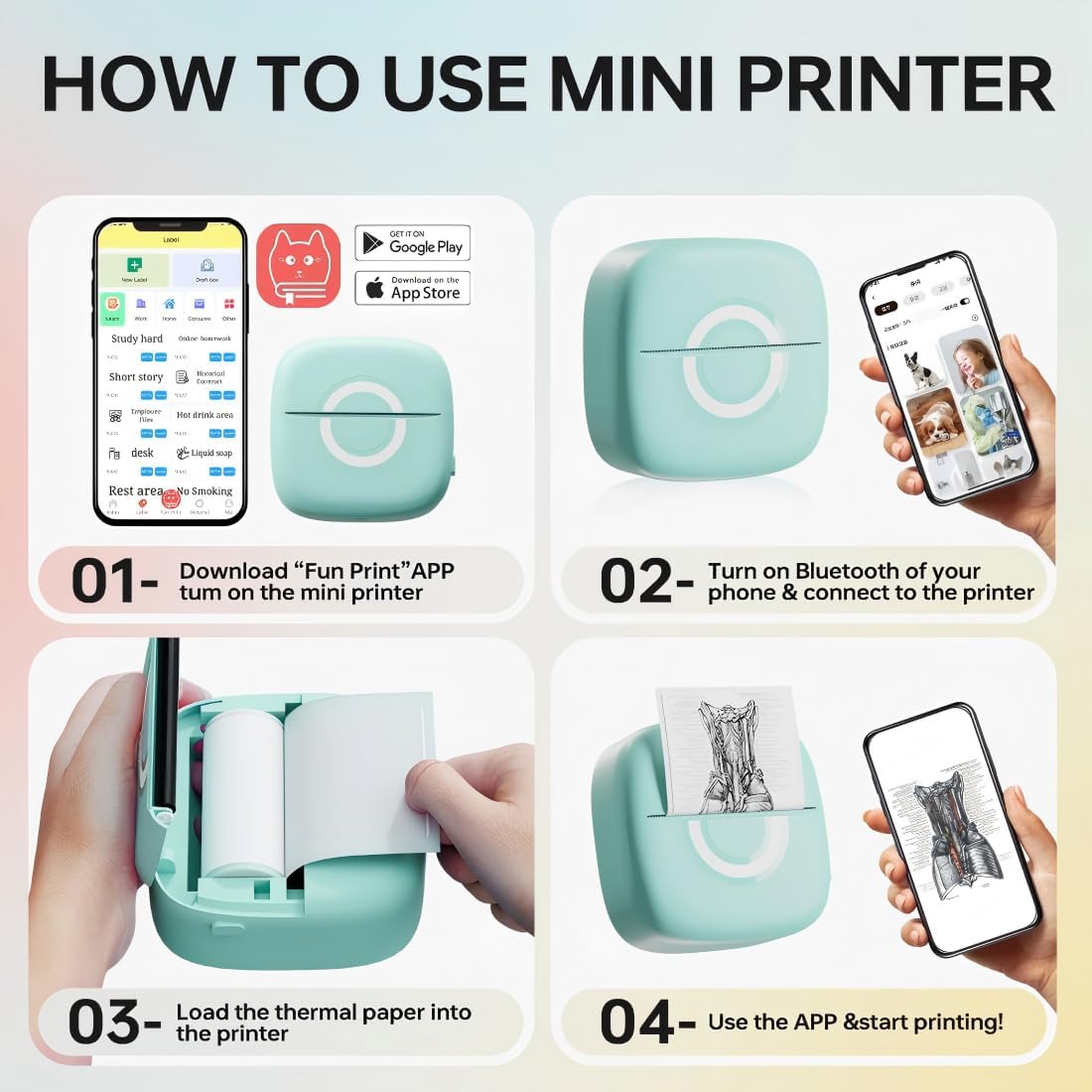 Mini Printer Sticker Thermal Printer with 3 Rolls Paper, Bluetooth Portable Phone Print Pods