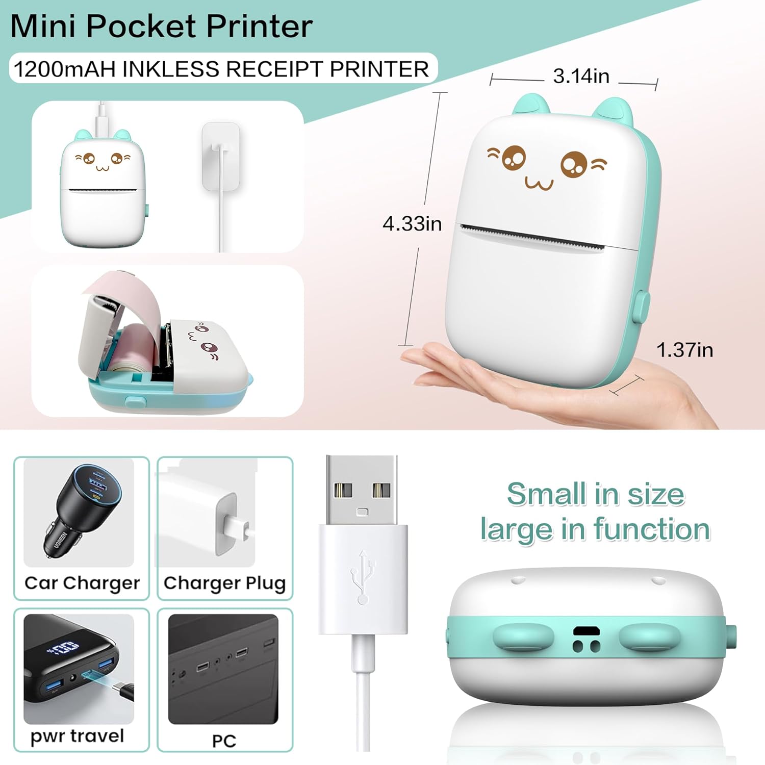 Mini Printer Portable, Inkless Sticker printer with 8 Rolls Paper