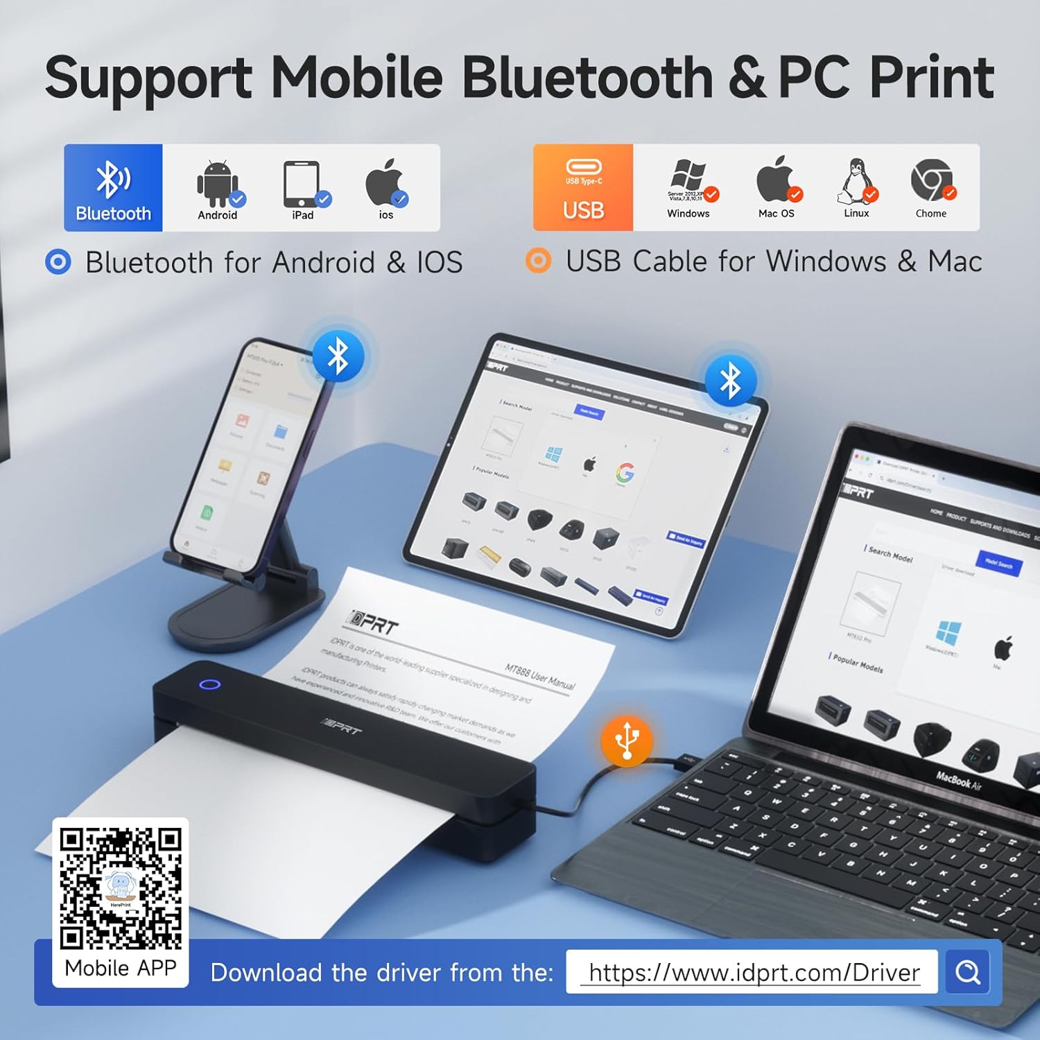 300DPI Bluetooth Thermal Printer Support for 8.5"x11"