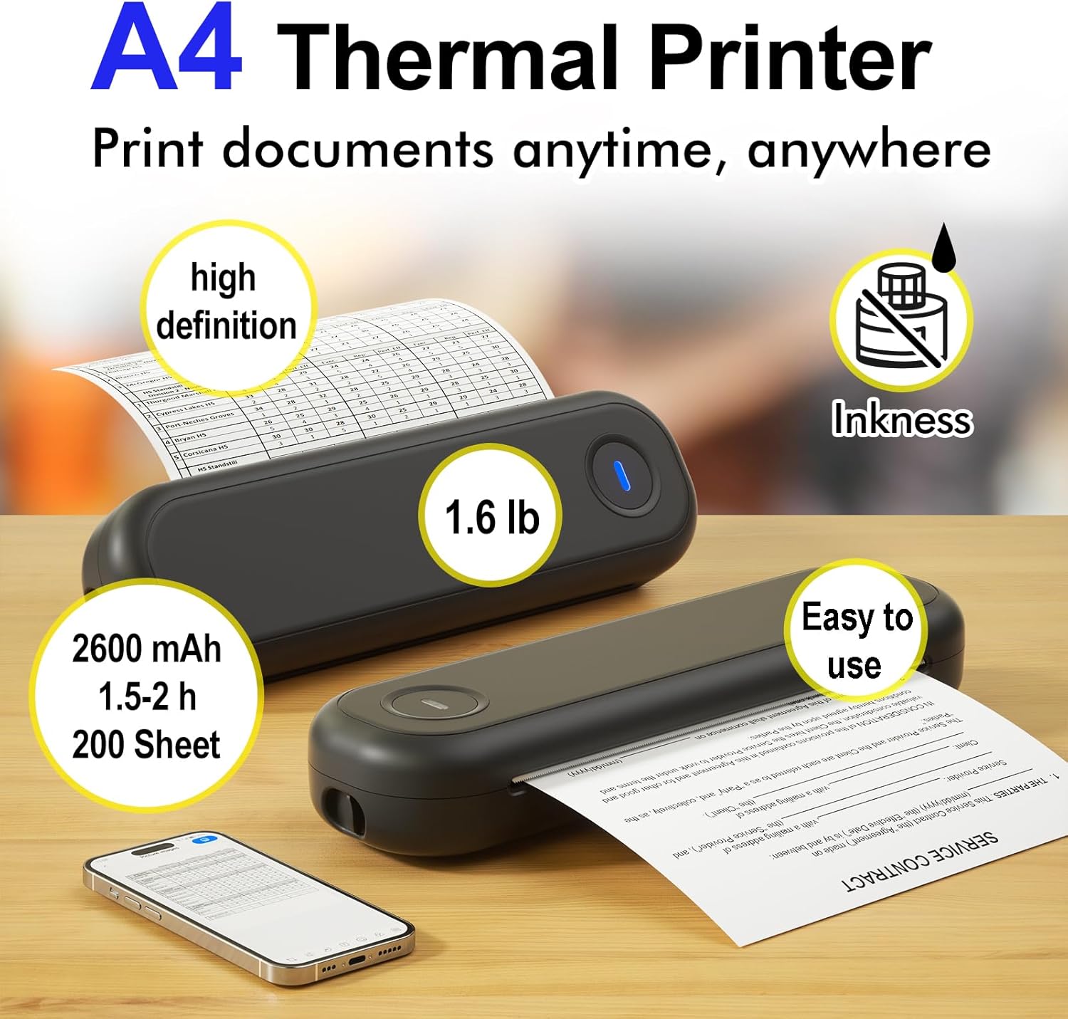 Bluetooth Portable Thermal Printers Wireless for Travel, Inkless Printer Support for 8.5"x11"