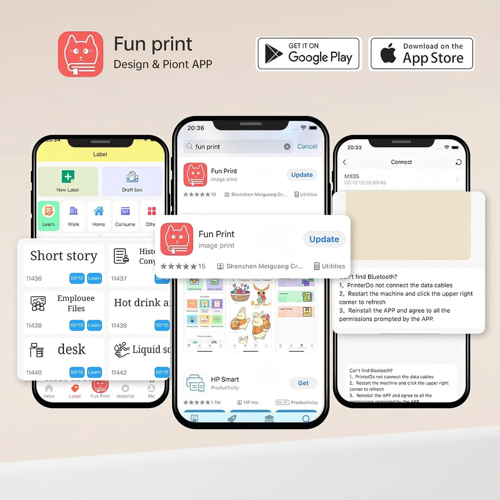Mini Printer Sticker Thermal Printer with 3 Rolls Paper, Bluetooth Portable Phone Print Pods