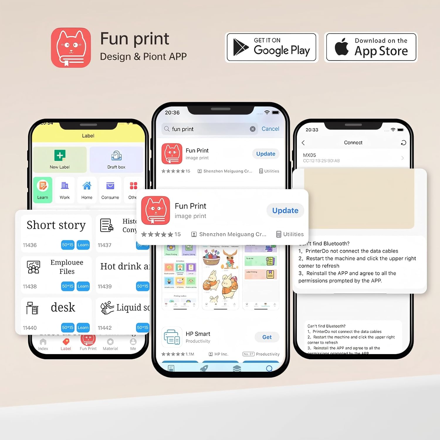 Mini Printer Sticker Thermal Printer with 3 Rolls Paper, Bluetooth Portable Phone Print Pods