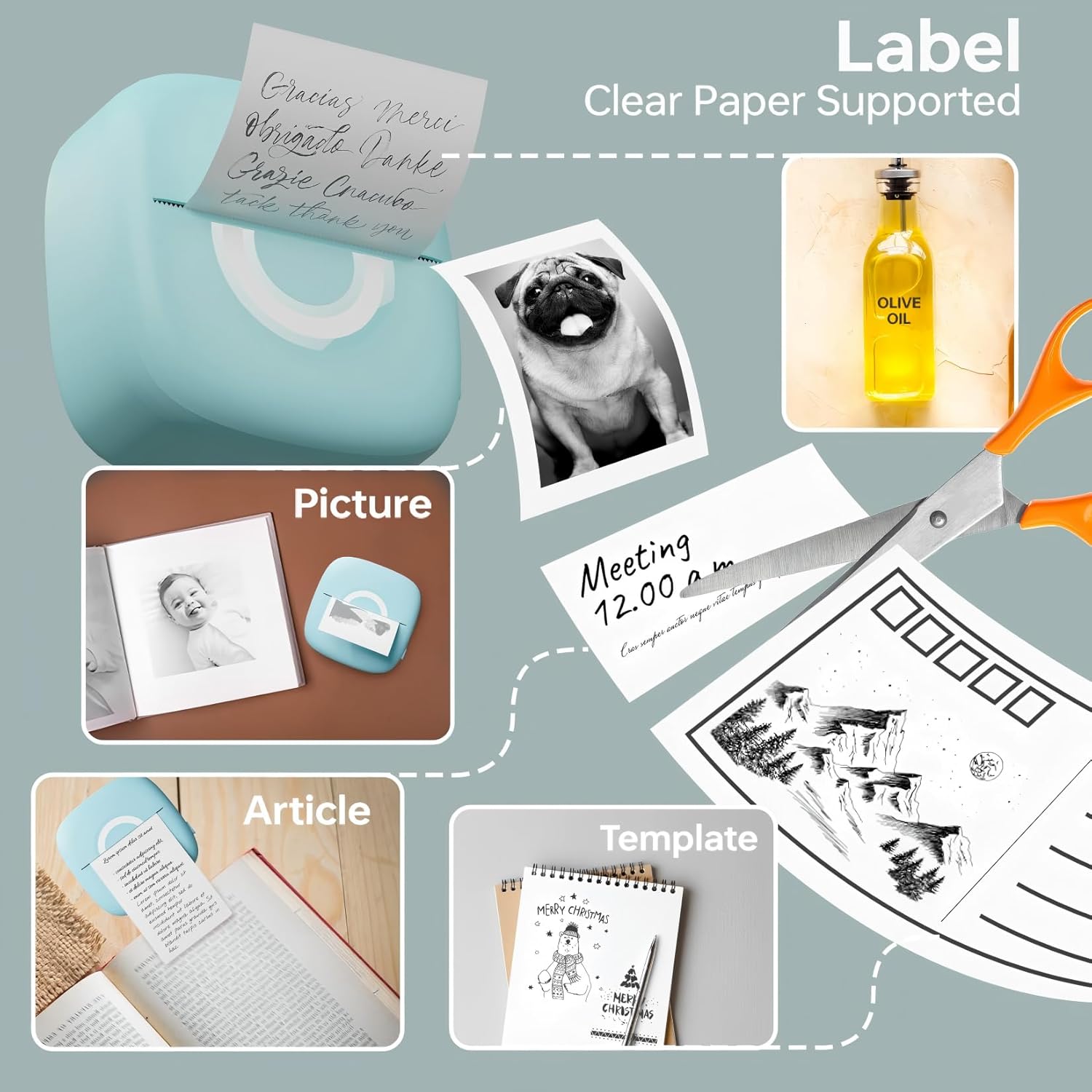 Mini Printer Sticker Thermal Printer with 3 Rolls Paper, Bluetooth Portable Phone Print Pods