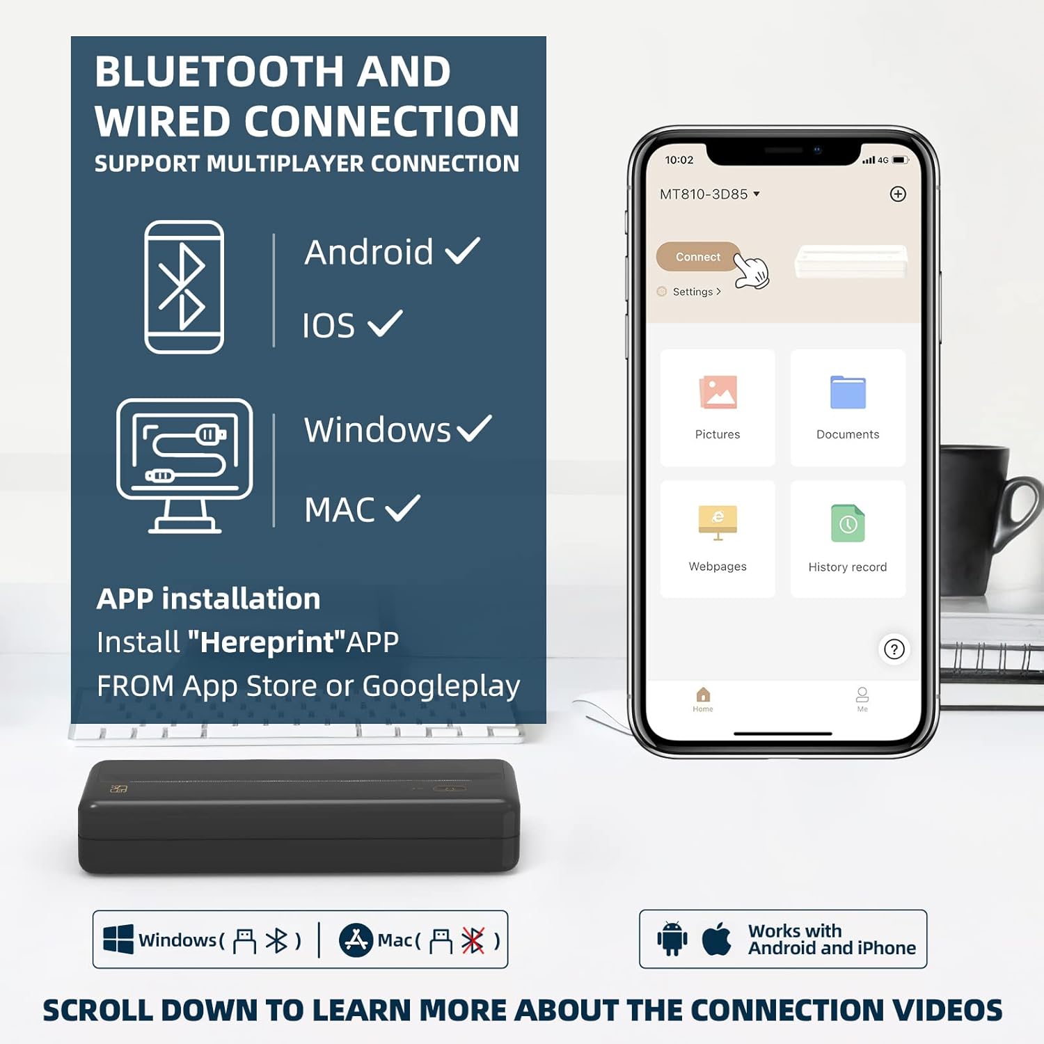 Bluetooth Thermal Printer for Travel, Mobile Office, School, Home Compatible with iOS Android