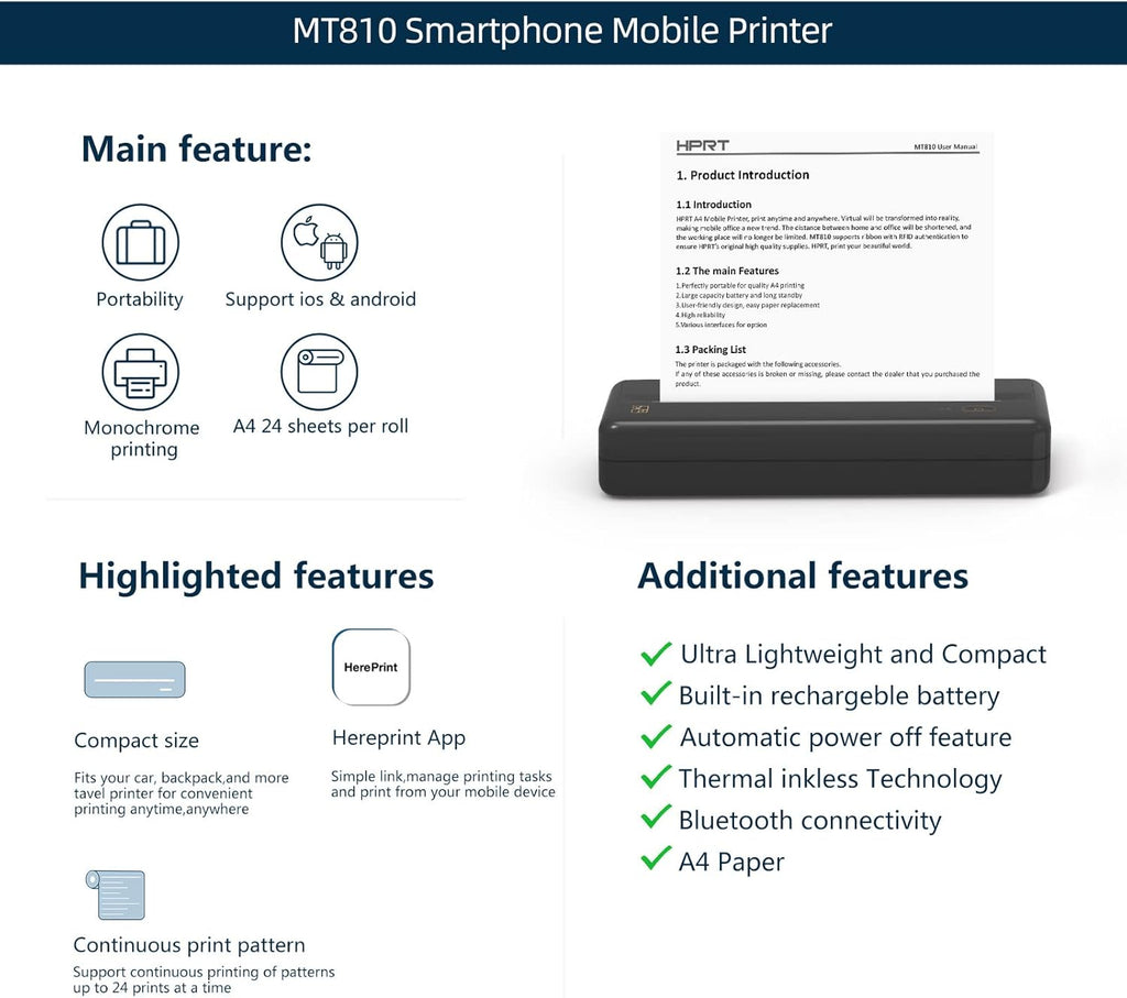 Bluetooth Thermal Printer for Travel, Mobile Office, School, Home Compatible with iOS Android