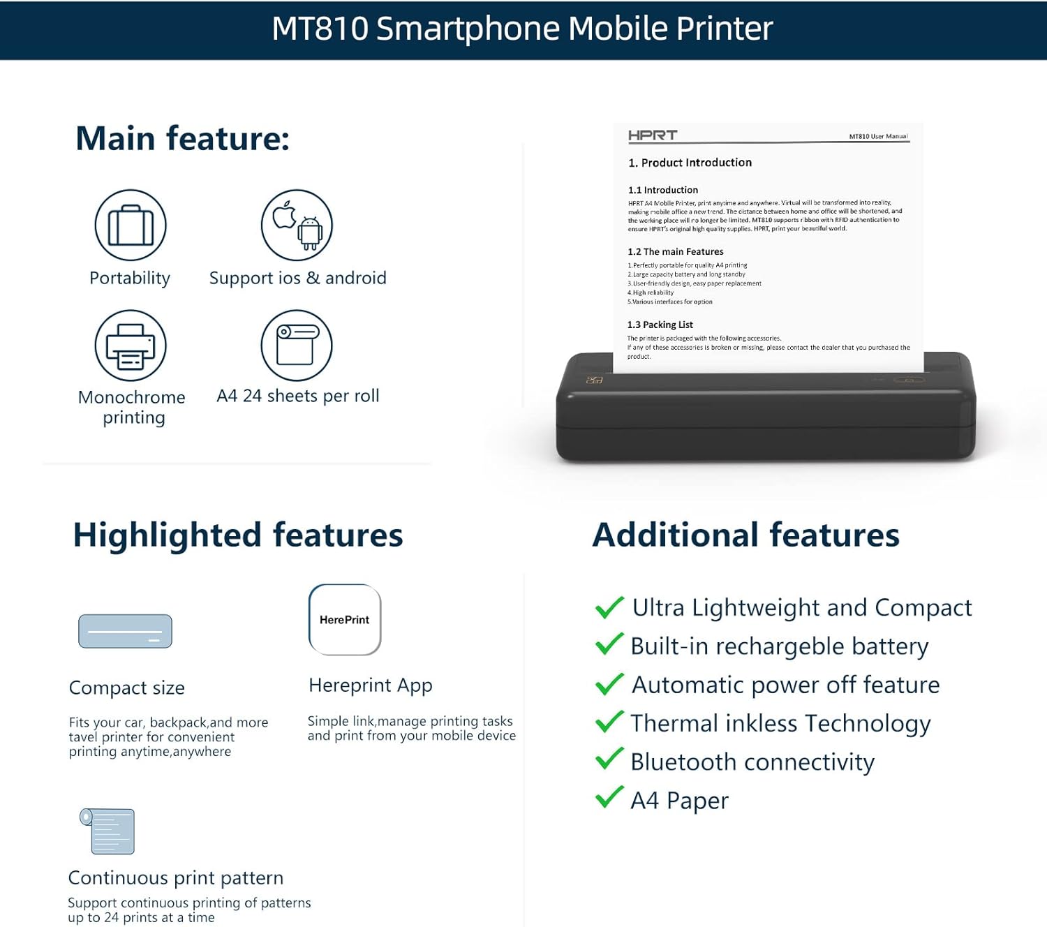Bluetooth Thermal Printer for Travel, Mobile Office, School, Home Compatible with iOS Android
