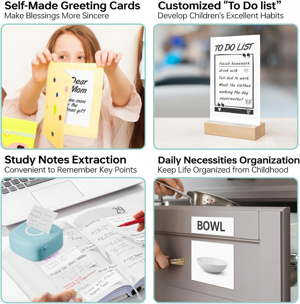 Mini Printer Sticker Thermal Printer with 3 Rolls Paper, Bluetooth Portable Phone Print Pods