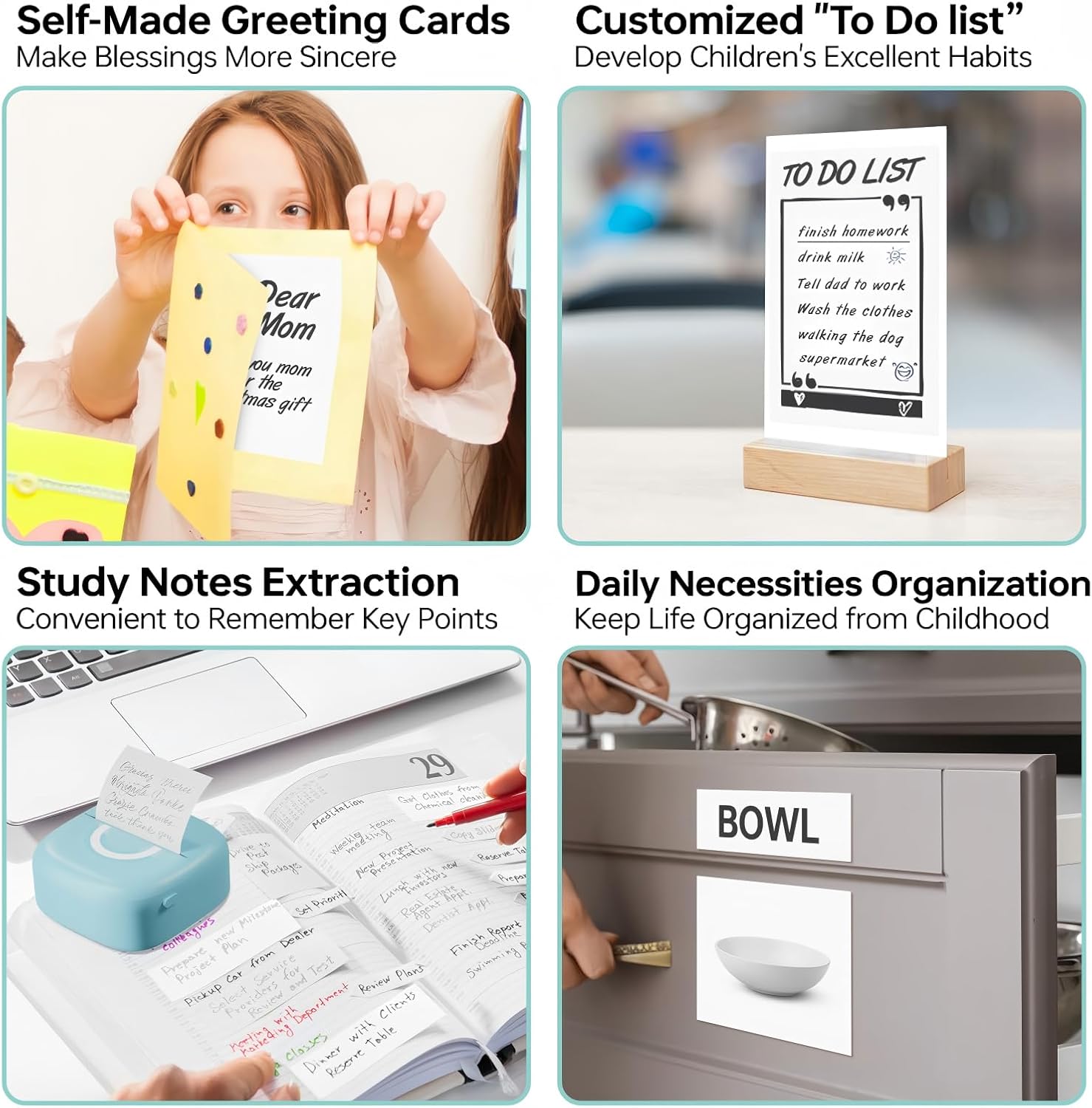 Mini Printer Sticker Thermal Printer with 3 Rolls Paper, Bluetooth Portable Phone Print Pods