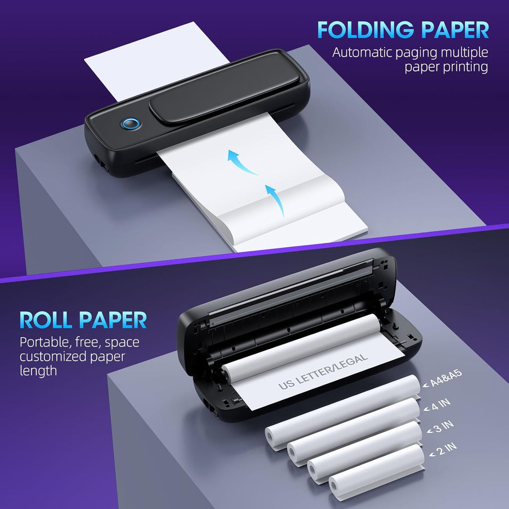 Portable Printer Wireless for Travel, Thermal Wireless Bluetooth Mini Inkless Printer for Travel Support 8.5"