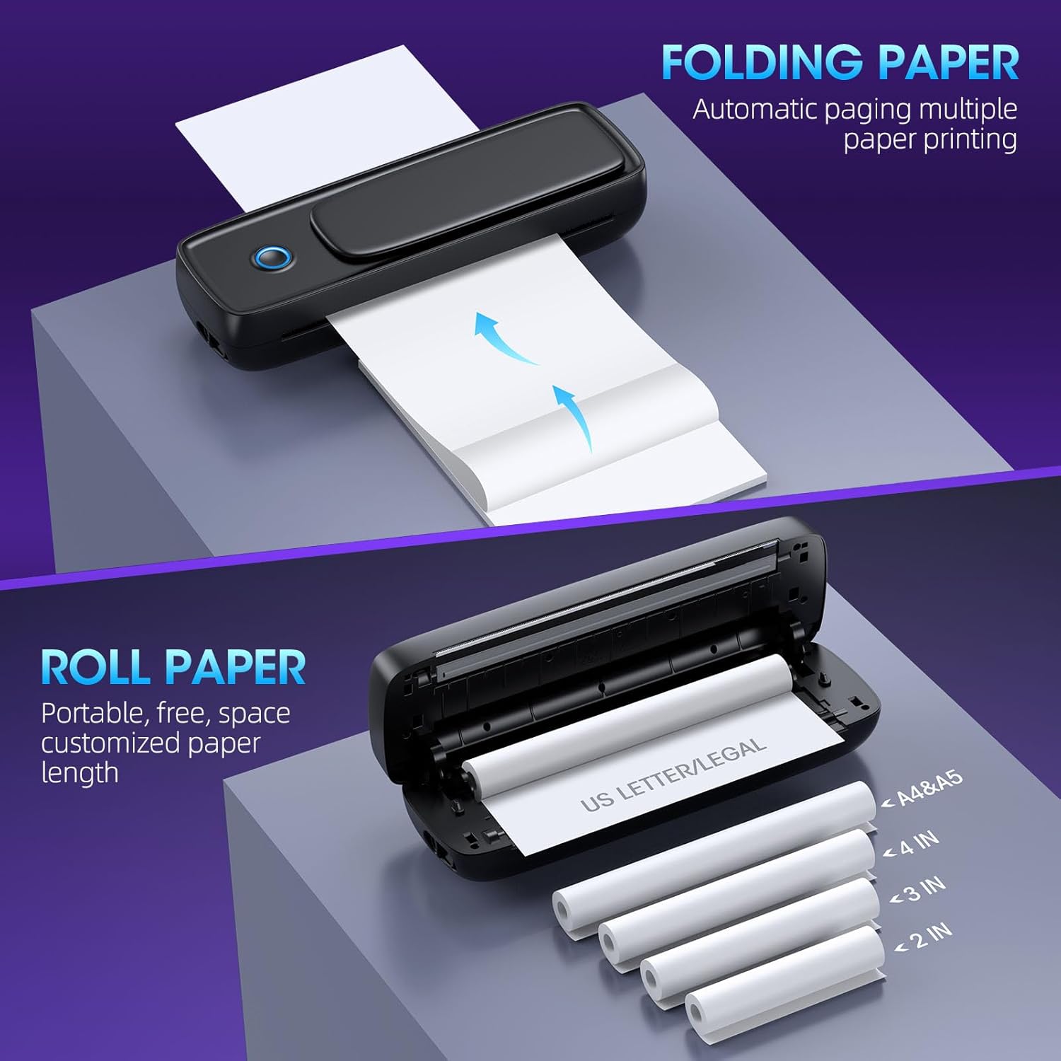 Portable Printer Wireless for Travel, Thermal Wireless Bluetooth Mini Inkless Printer for Travel Support 8.5"