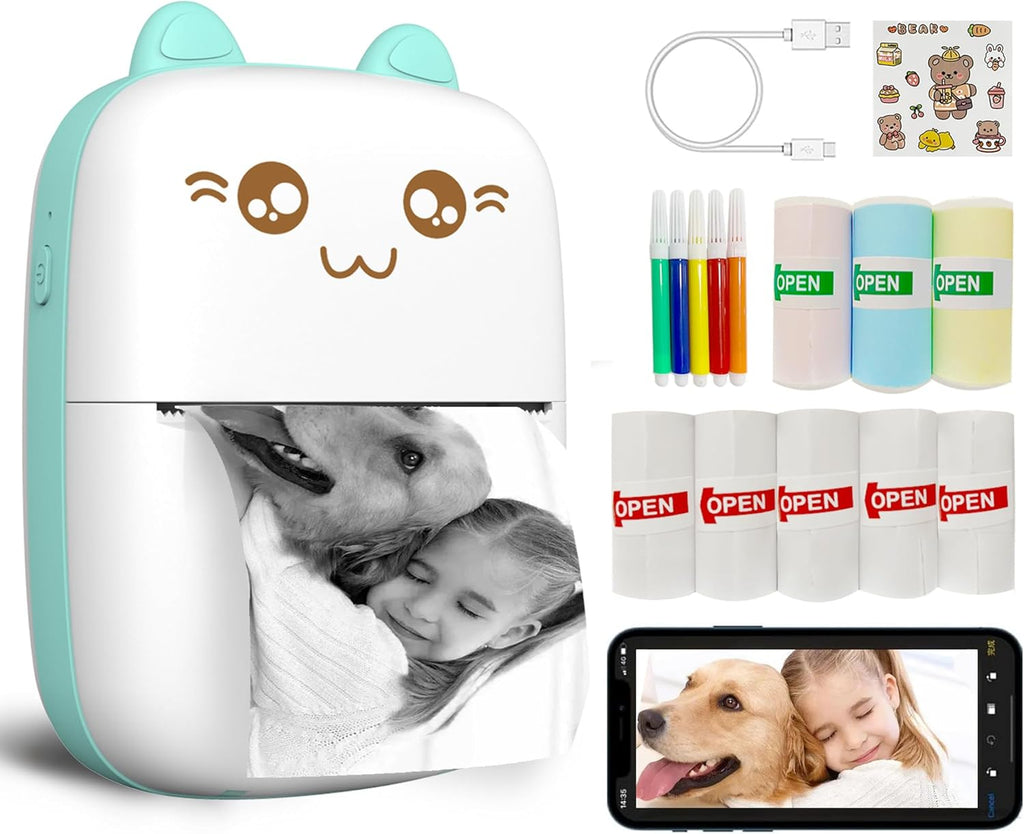 Mini Printer Portable, Inkless Sticker printer with 8 Rolls Paper